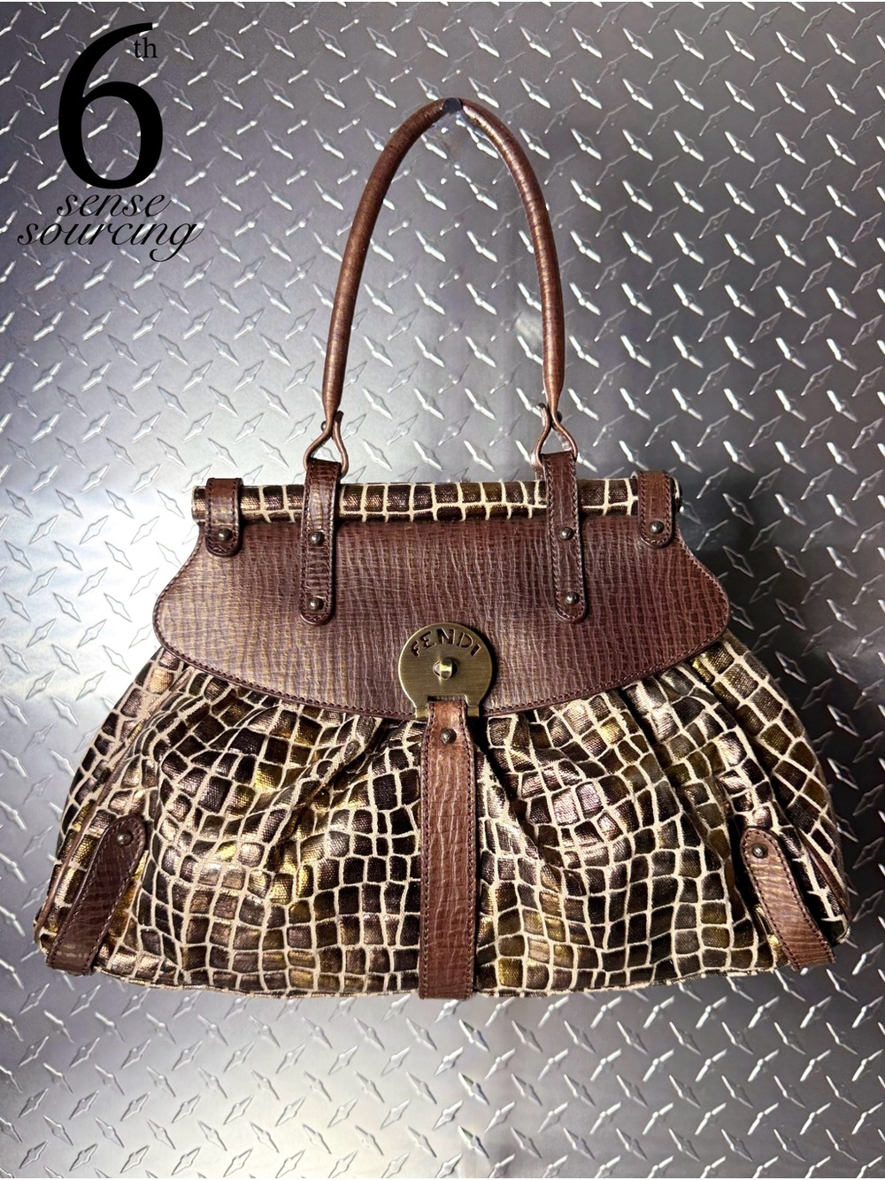 Fendi Vintage Metallic Croc Canvas Magic Bag in Brown